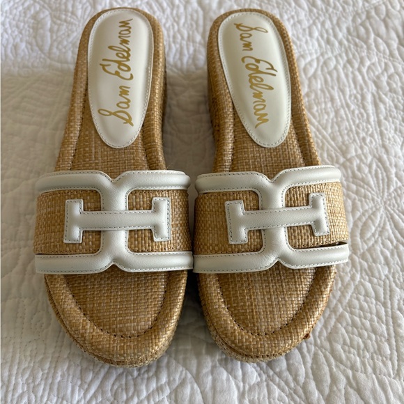 Sam Edelman Shoes - Sam Edelman White Leather & Natural Raffia Slide Mules